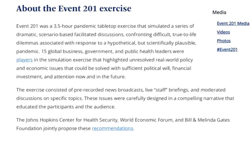 A screenshot of the original Event 201 website, including a brief description about the exercise, posited as an educational exercise in the handling pandemic dilemmas.