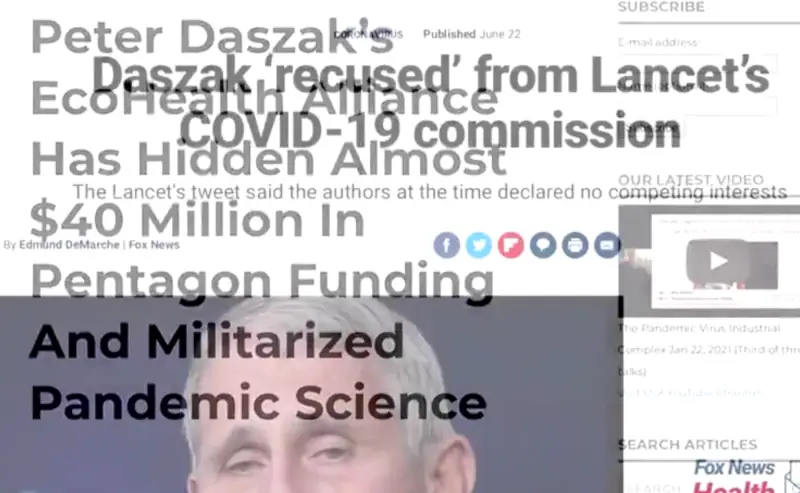 Two overlain screenshots connecting Peter Daszak to significant actors involved in viral research, interests he failed to declare