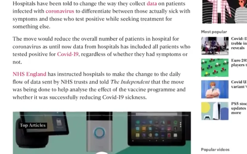 A screen shot of a news story reporting the change in policy of what was to be counted as a COVID-19 case.