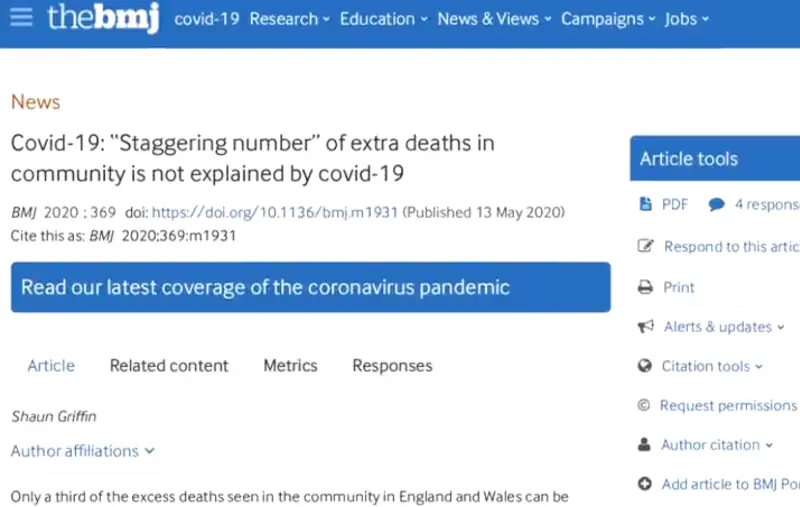 A screenshot of a BMJ article with the headline, COVID-19: Staggering number of extra deaths in community is not explained by covid-19