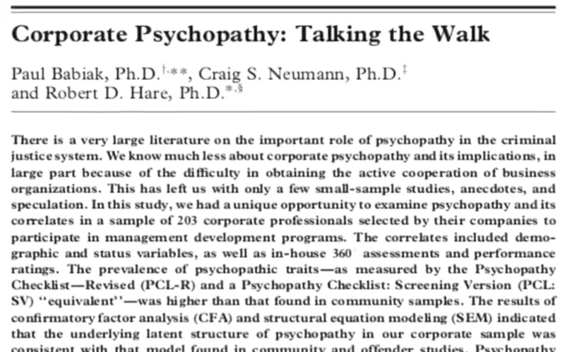 A screen shot of an academic paper on corporate psychopathy titled, Corporate psychopathy: Talking the walk