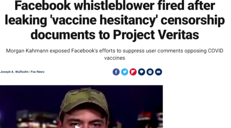 A screenshot of an online article titled, Facebook whistelblower fired after leaking vaccine hesitancy censorship
