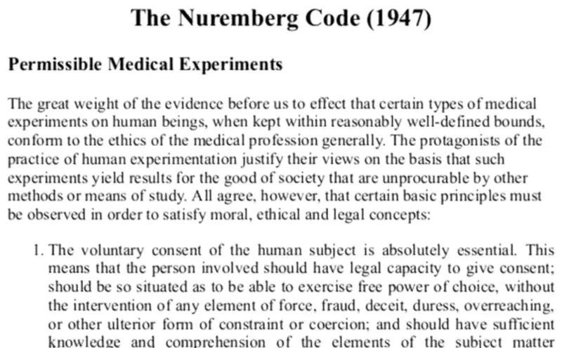 An extract from the Nuremberg Code (1947) on permissible medical experiments