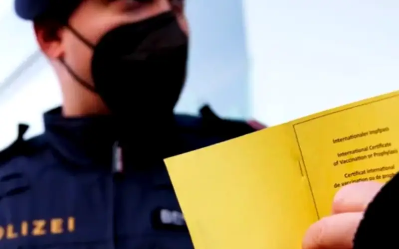 A German police officer wearing a black mask, inspecting a vaccine passport
