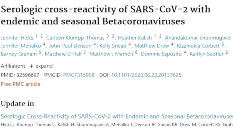 A screenshot from a scientific article title, Serologic cross-reactivity of SARS-CoV-2 with endemic and seasonal Betacoronaviruses