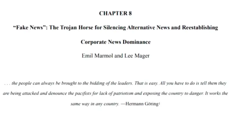A screen shot of the title of a book chapter that reads, Fake news: The trojan horse for silencing alternative news and reestablishing corporate news dominance