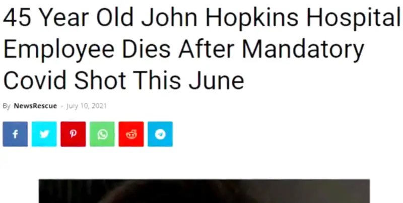 A screenshot from a news article titled, 45 year old John Hopkins Hospital employee dies after mandatory COVID shot this June