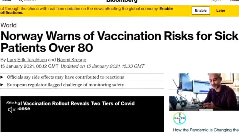 A screenshot of a Bloomberg article titled, Norway warns of vaccination risks for sick patients over 80