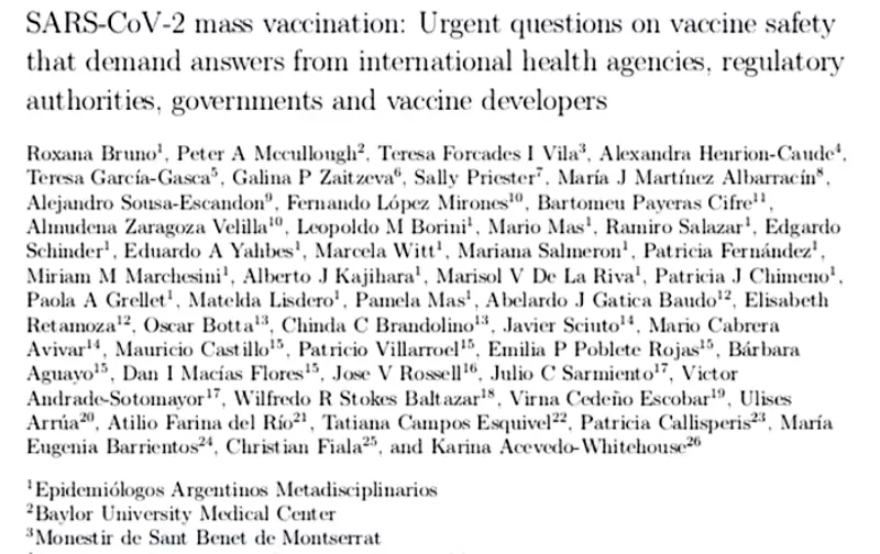 A screen shot of a scientific letter signed by dozens of medics and scientists titled, SARS-CoV-2 mass vaccination: Urgent questions on vaccine safety that demand answers from international health agencies, regulatory authorities, governments and vaccine developers