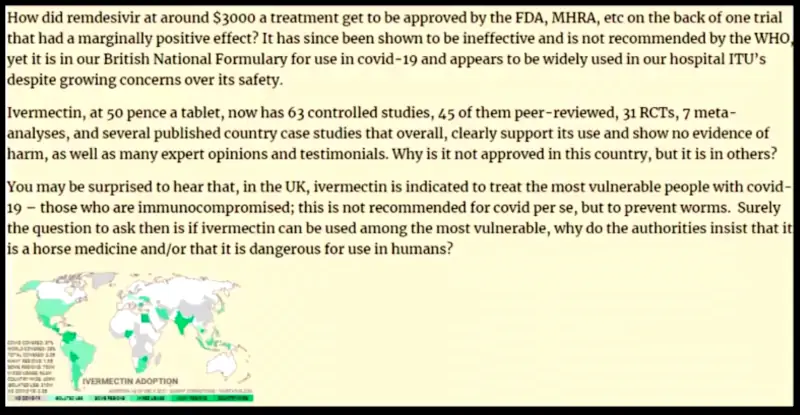 A screen shot of an article highlighting how Ivermectin was indicated as a treatment option for the immunocompromised, yet was publicly mocked as a horse medicine when it came to talking about its use as a more general treatment.