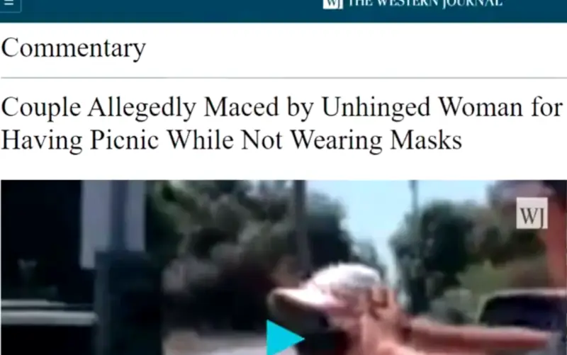 A screen shot of an online news story titled, Couple allegedly maced by unhinged woman for having a picnic while not wearing masks