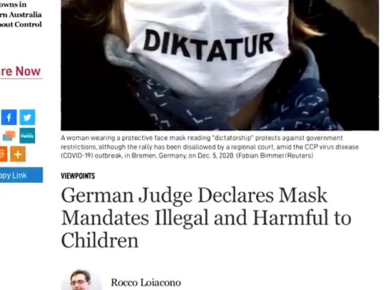 An online news article titled, German judge declares mask mandates illegal and harmful to children
