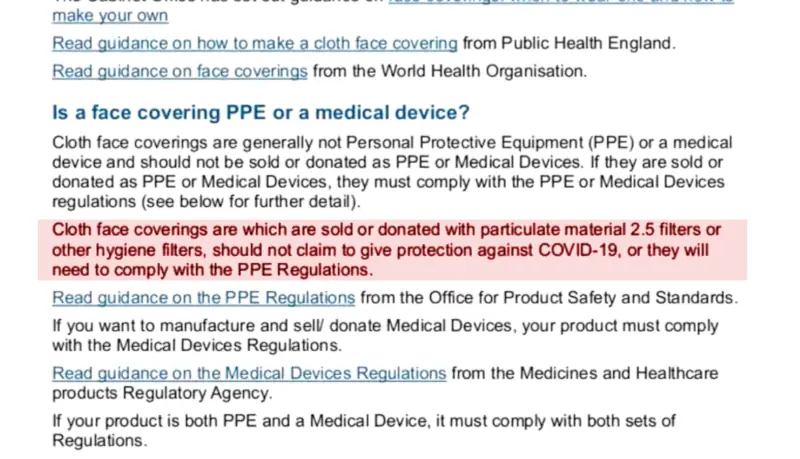 A section from the UK Government's official guidance about face coverings and PPE, titled, Is a face covering PPE or a medical device?