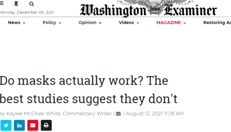 A screen shot from an online article titled, Do masks actually work? The best studies suggest they don't