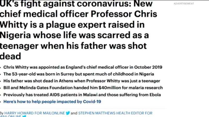 A screen shot from an article about Chris Whitty, UK's chief medical officer during the pandemic