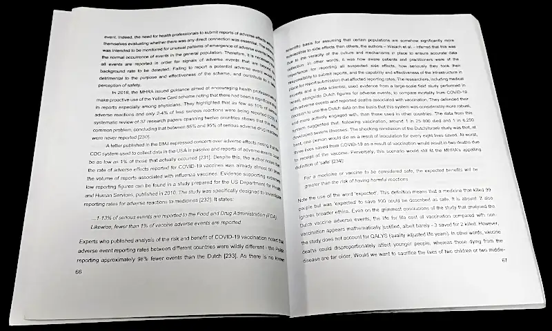A photo of an open version of the physical book, SARS-CoV-2: Unveiling the COVID-19 Leviathan, showing pages from the section on vaccine safety